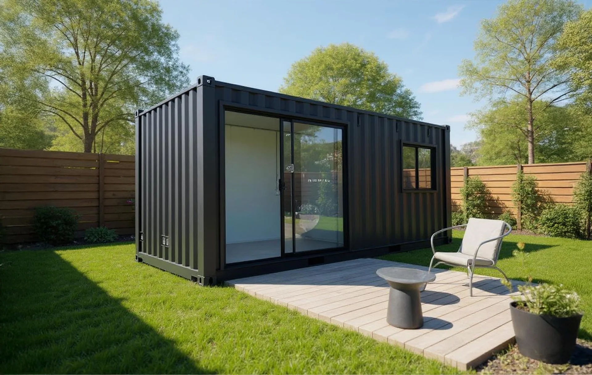 MODDOLIVING 20FT shipping container conversion — exterior view of a compact studio or mobile office on a paved base.