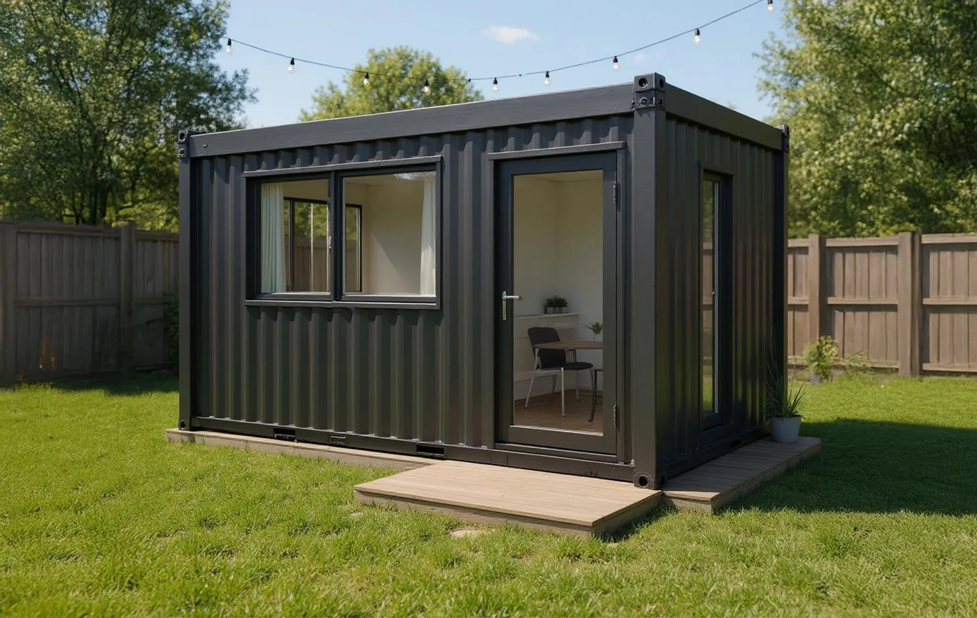 20FT container conversion — interior view of a single-room studio with desk and natural light.