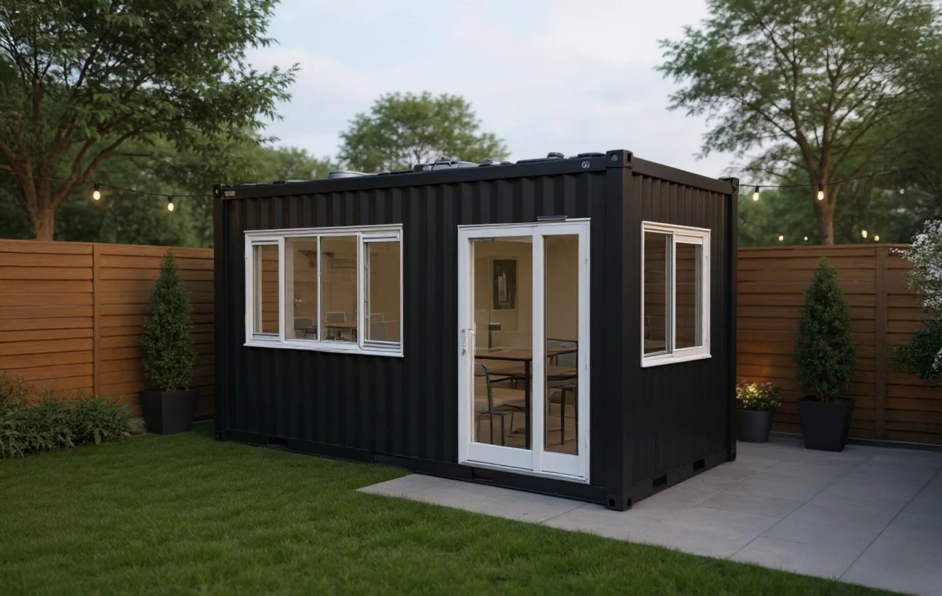 20FT container conversion — close-up of the entry door and full-height window.