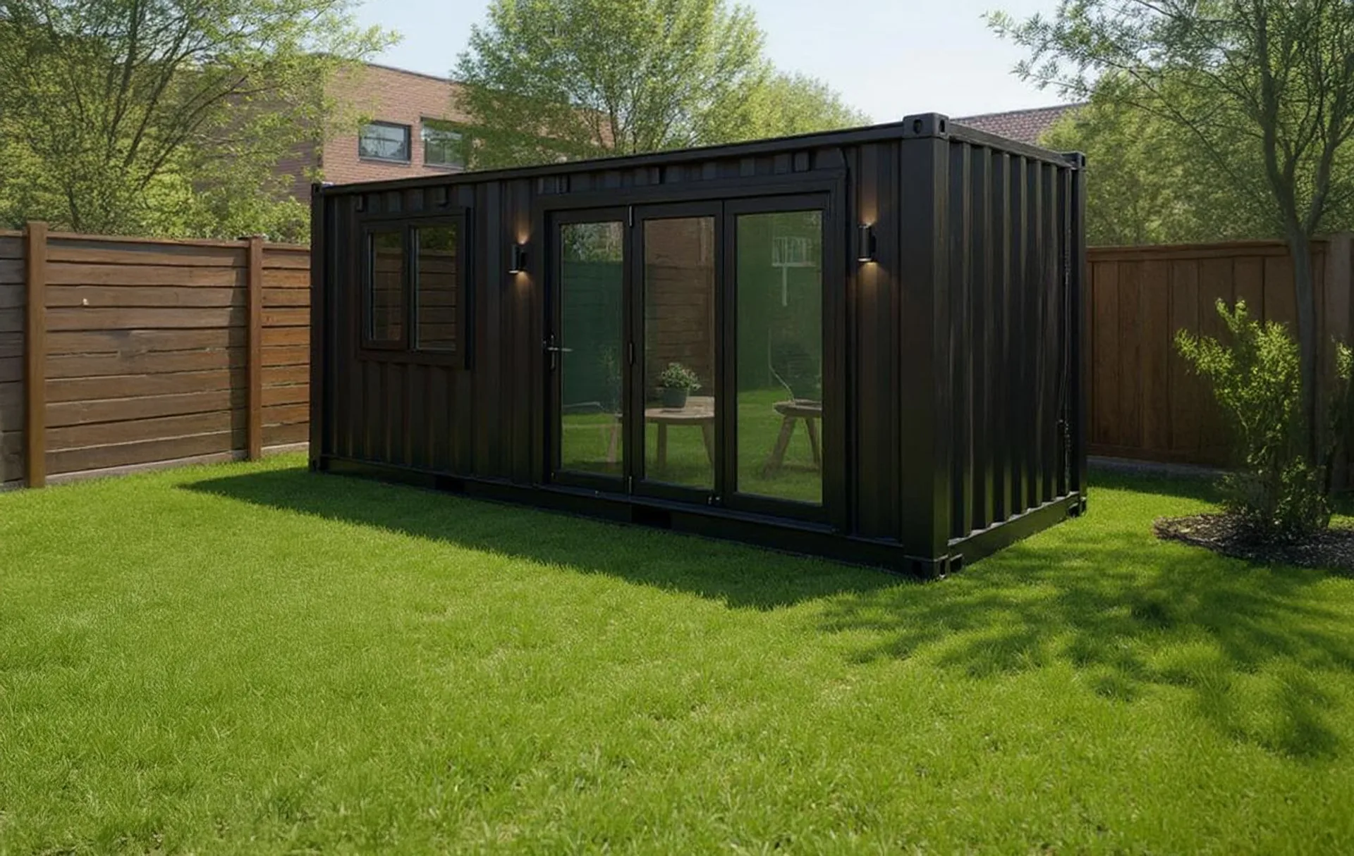20FT container conversion — interior with compact kitchen and seating zone.