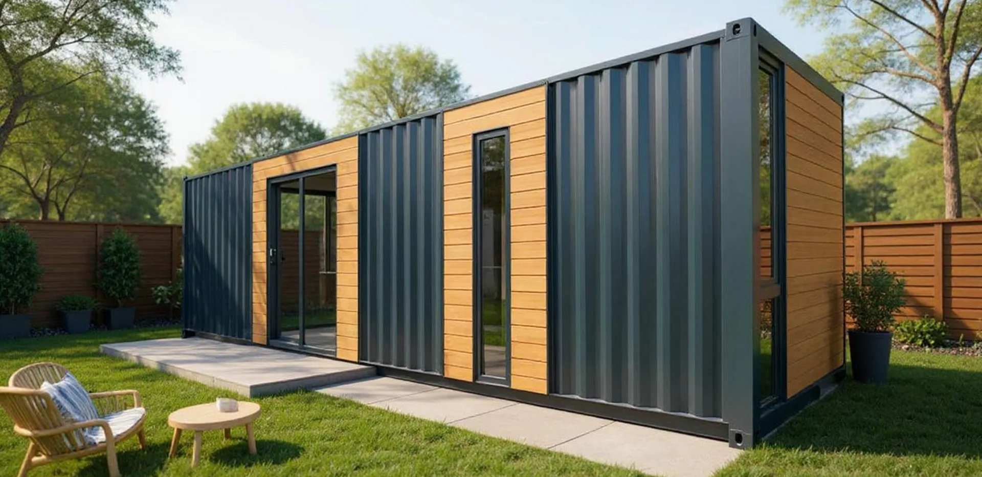 40FT container conversion — alternate exterior angle showing the long-side elevation and panoramic window.