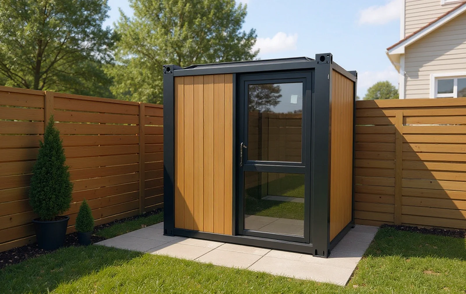 MODDOLIVING Series 200 compact garden room with single glazed door, ideal for a one-person home office.
