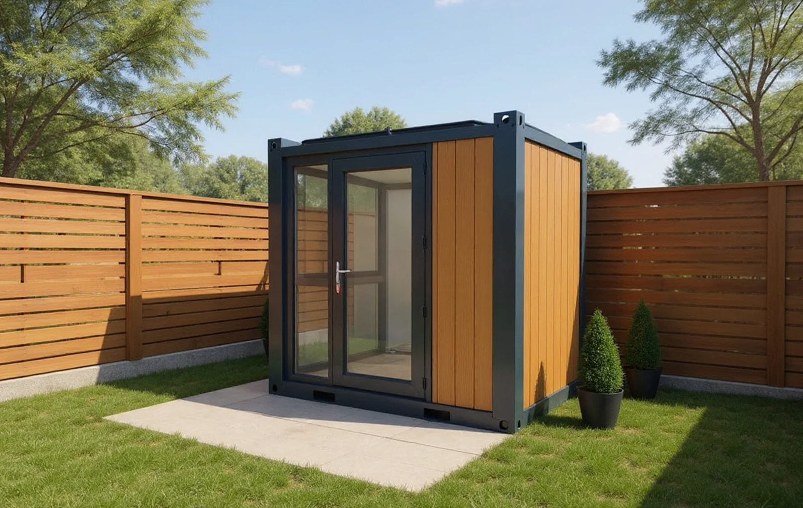 Series 200 XS garden room — three-quarter view showing compact footprint.