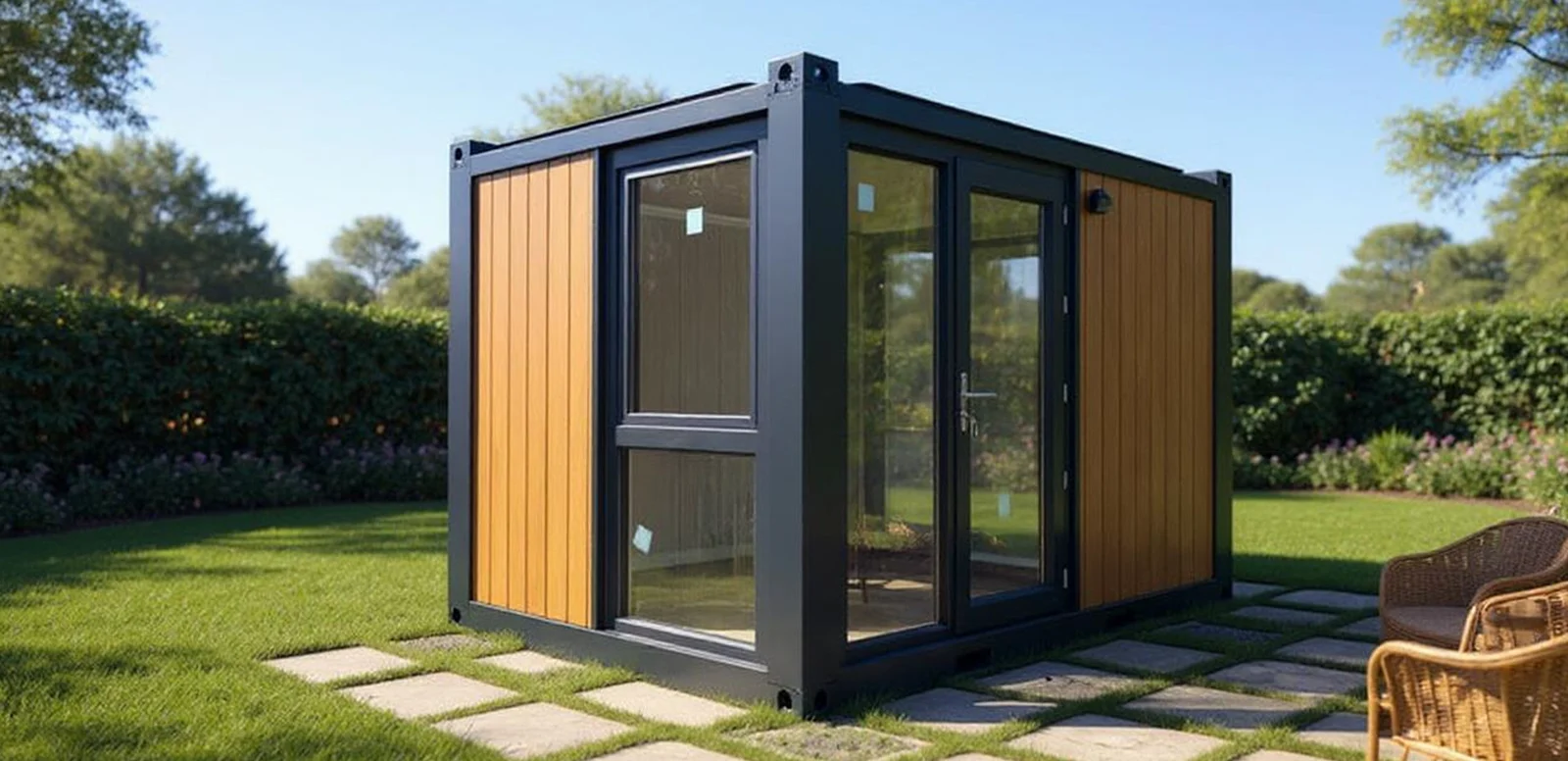 MODDOLIVING Series 300 small garden room shown on a paved residential lawn with full-height glazed entrance.
