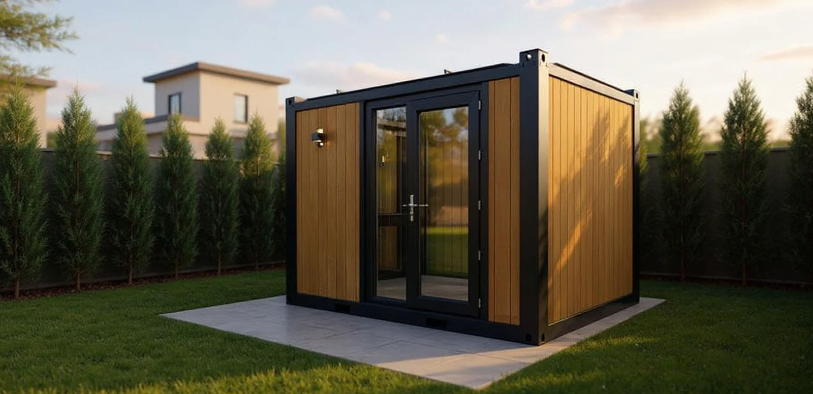 Series 300 S garden room — frontal view with WPC cladding and uPVC door.