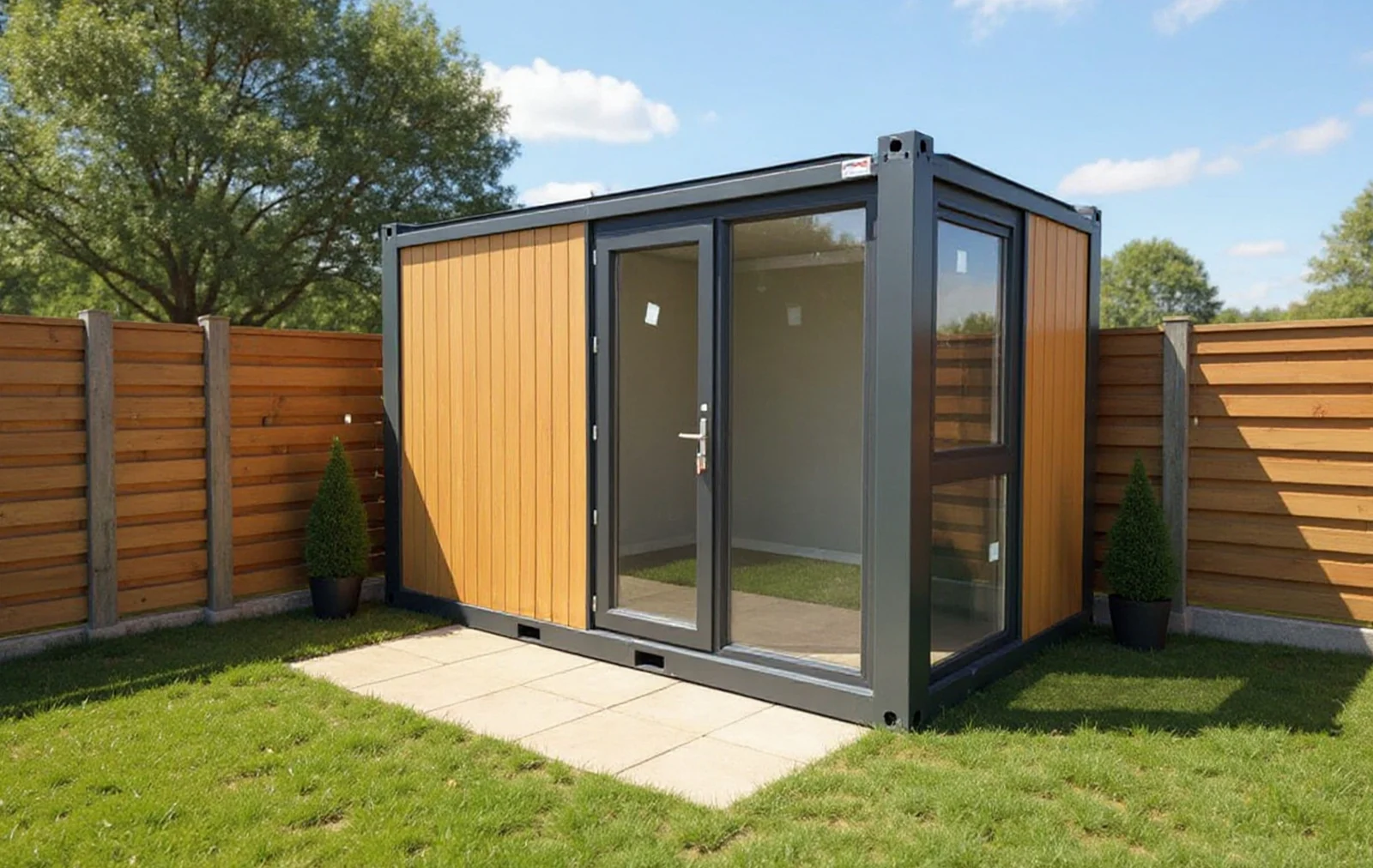 MODDOLIVING Series 400 medium garden room positioned on a garden path with timber cladding and centred glazed door.