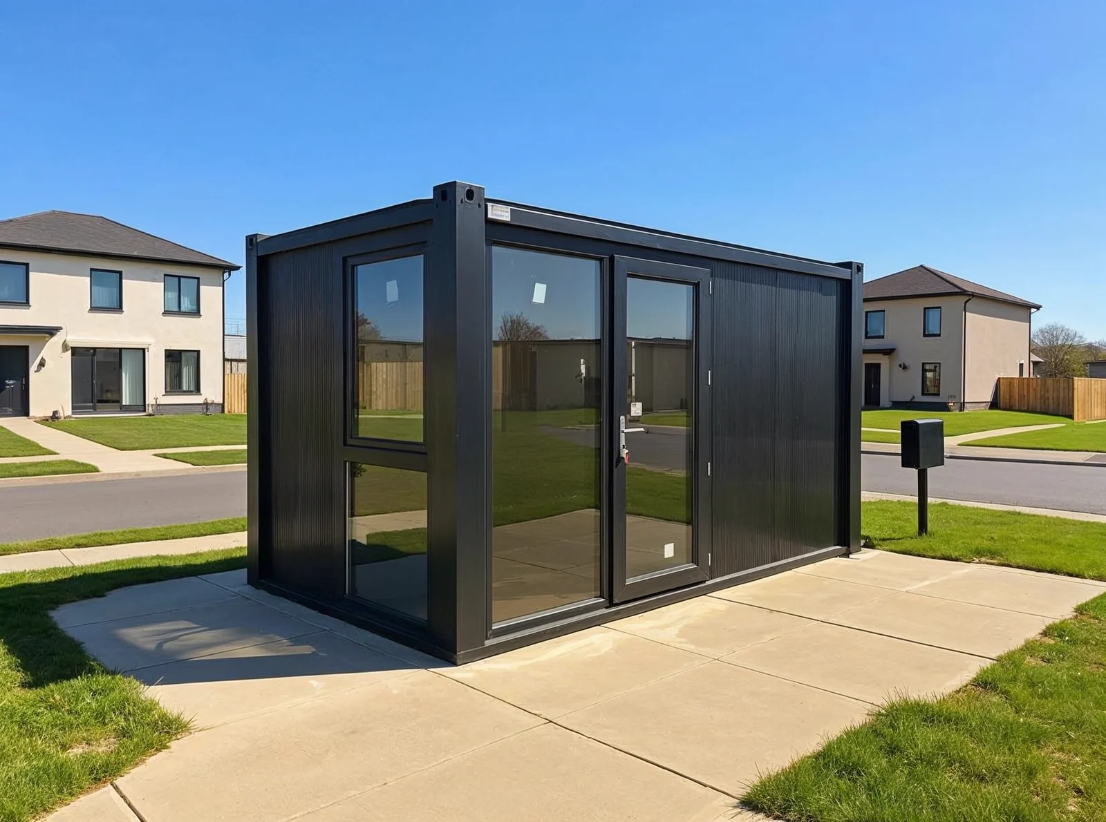Series 400 M garden room — frontal exterior with paved entry.