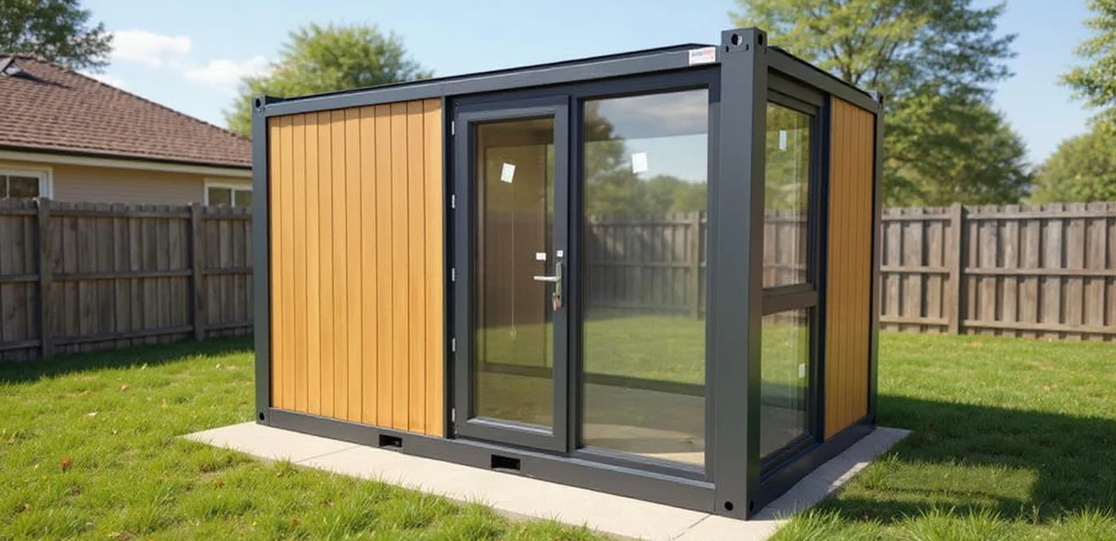 Series 400 M garden room — installation angle with site context.