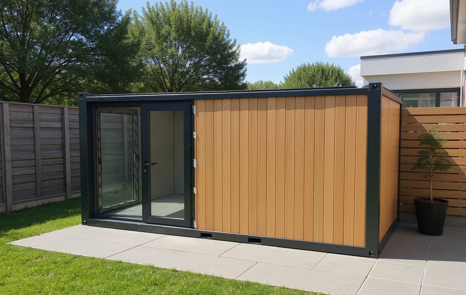 Series 600 L garden room — three-quarter view in residential setting.