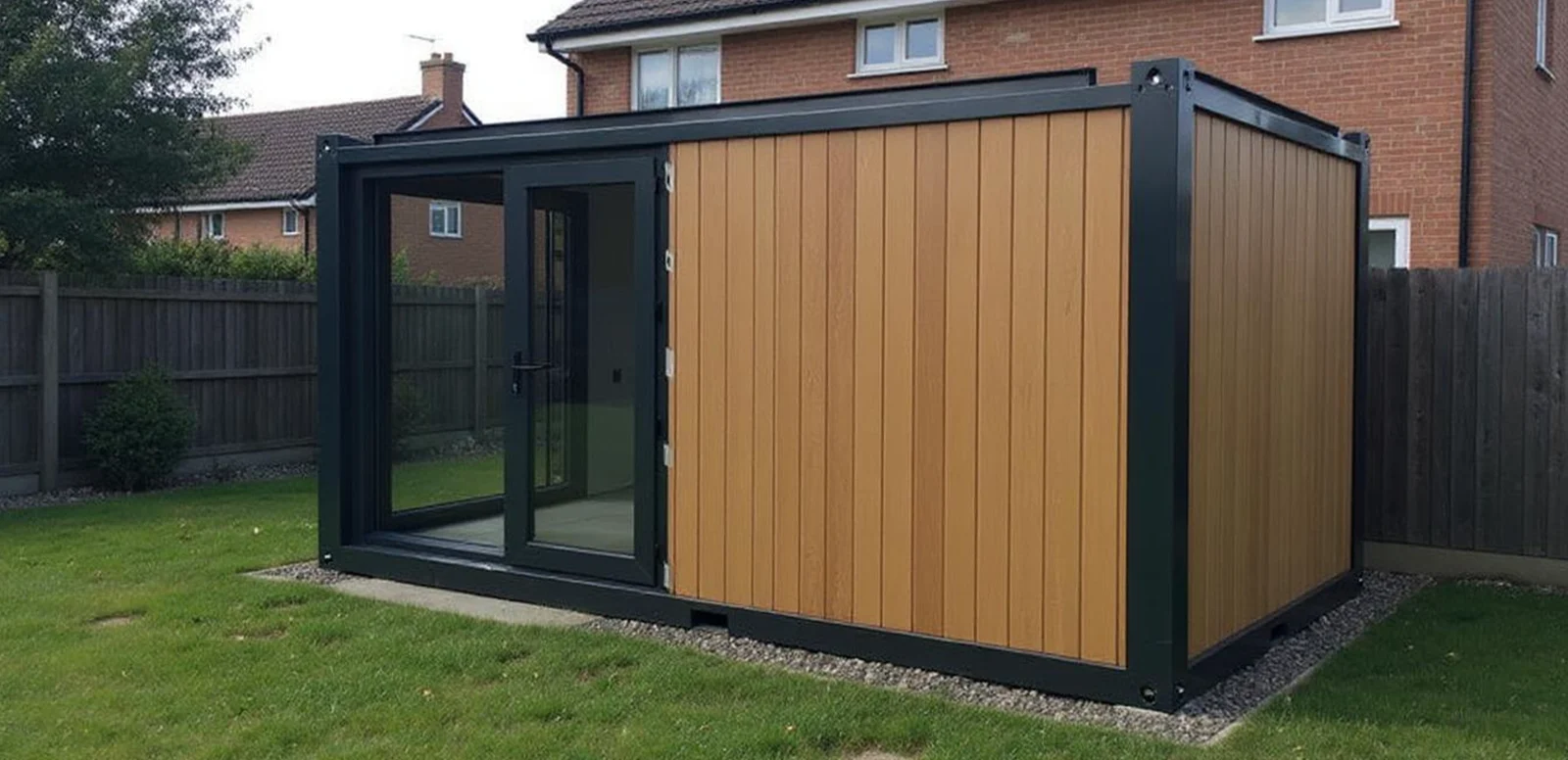 Series 600 L garden room — side elevation on prepared concrete base.