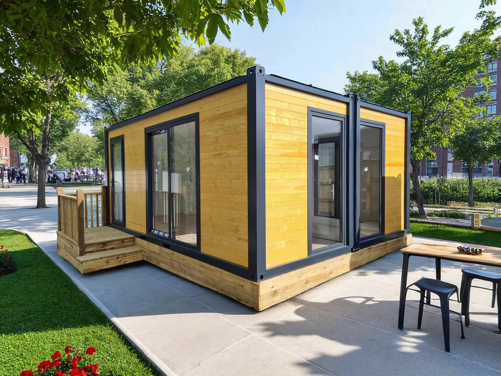 Series 600C XL garden room — alternate exterior angle showing the L-shaped footprint and weather-tight construction.