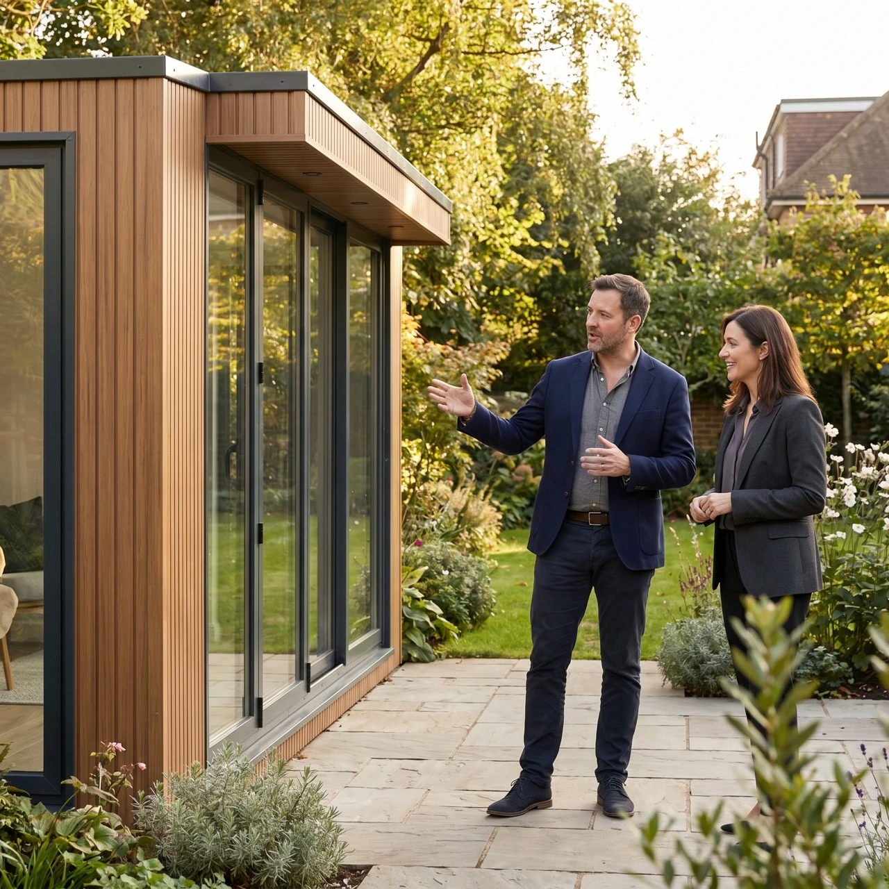 MODDOLIVING client consultation: a homeowner reviewing a modular garden room project with the MODDOLIVING design team.