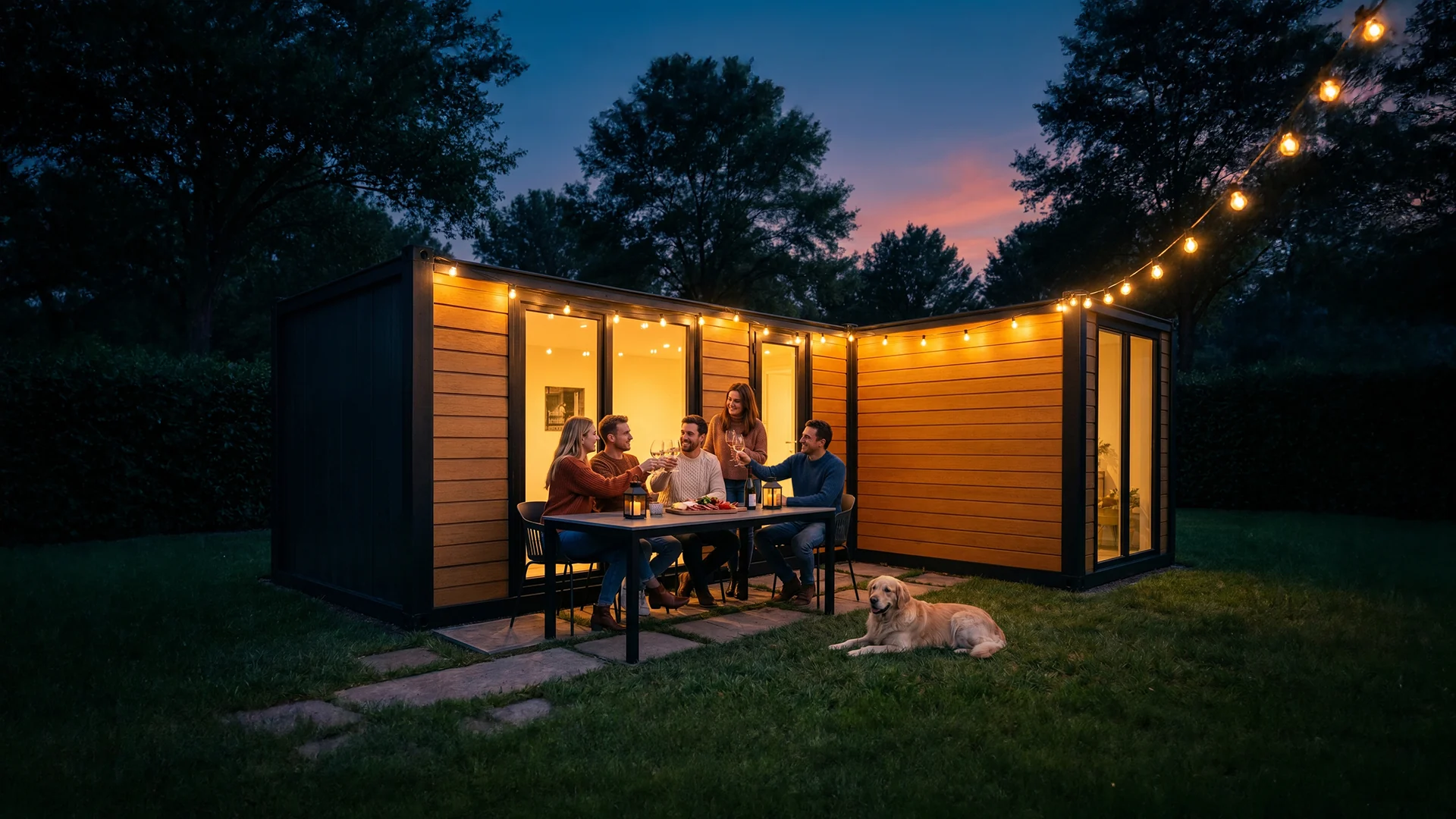 MODDOLIVING garden room at dusk — friends dining inside a glass-fronted timber pod, dog resting on the lawn, string lights overhead.