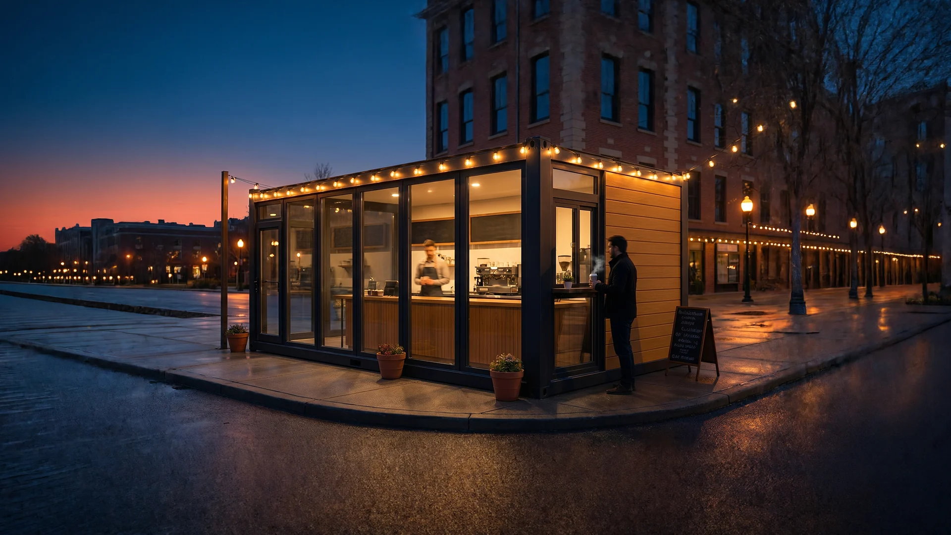 MODDOLIVING portable coffee kiosk on an urban corner at dusk — barista pulling espresso behind glass while a customer waits with a takeaway cup.