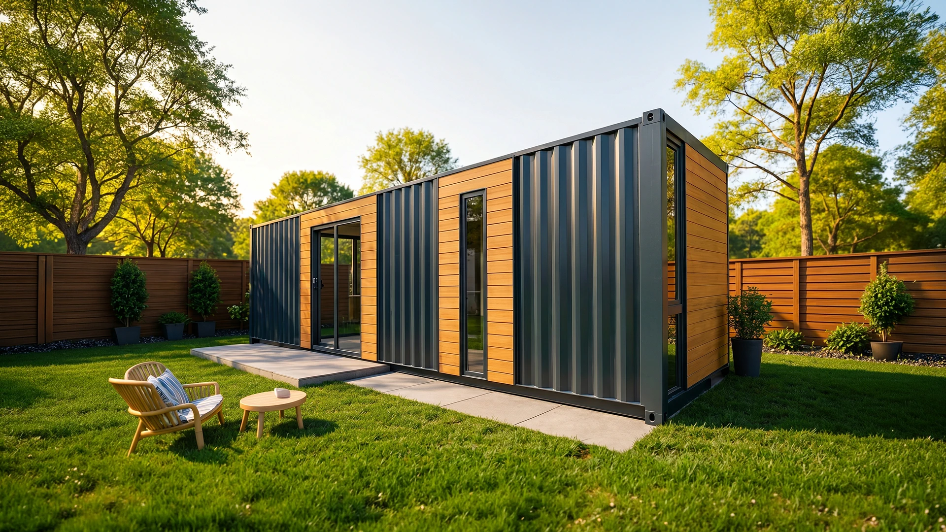 MODDOLIVING shipping container converted into a modern living space with large windows and insulated walls.