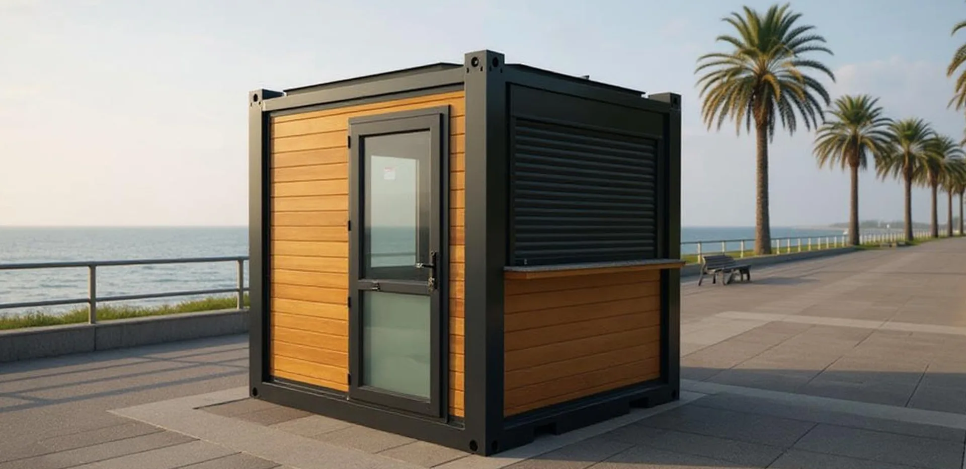MODDOLIVING K200 small portable kiosk — exterior view of a single-attendant ticket booth with full-height window.