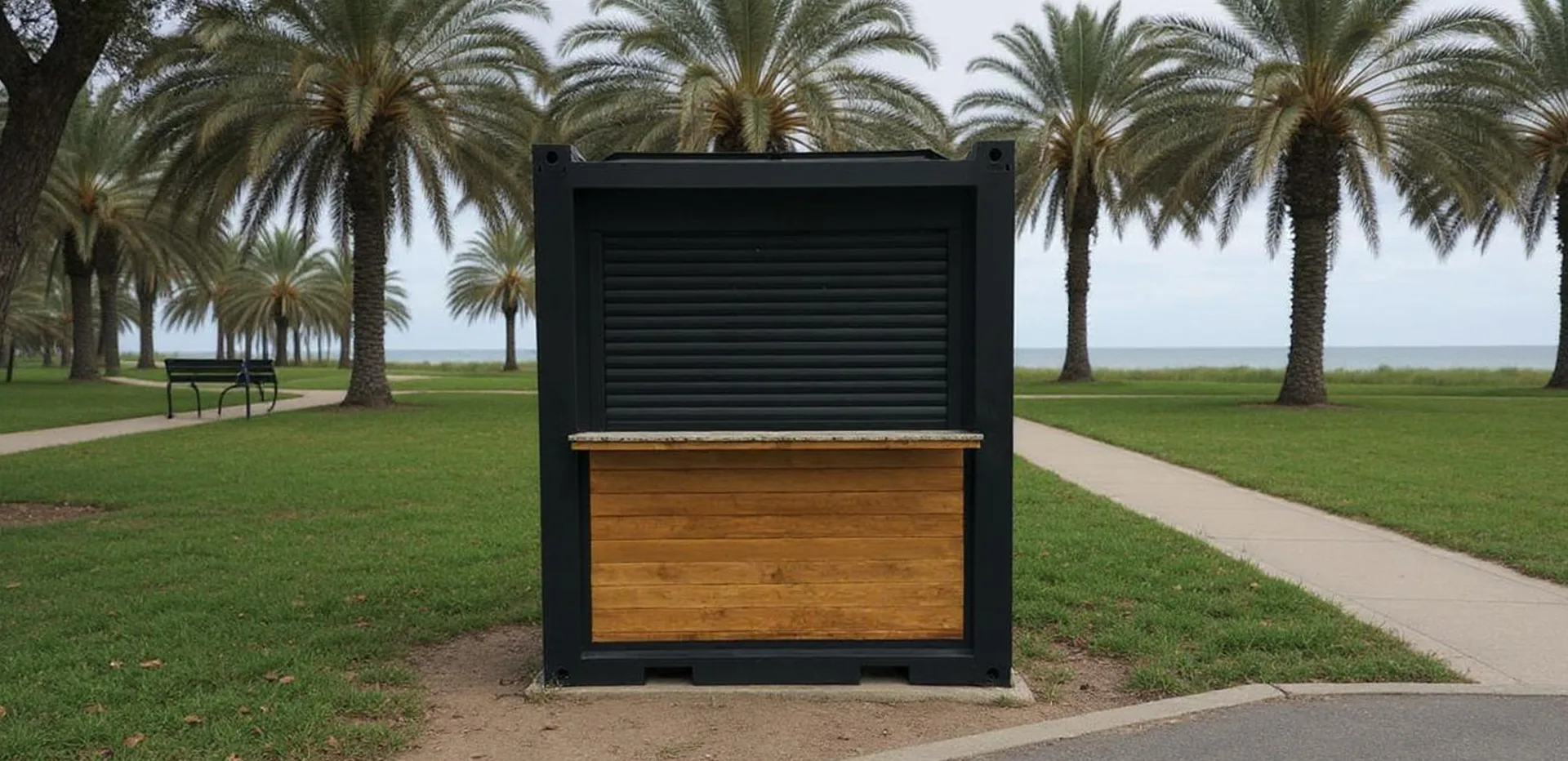 K200 S kiosk — alternate exterior angle in a venue context with railing and signage.