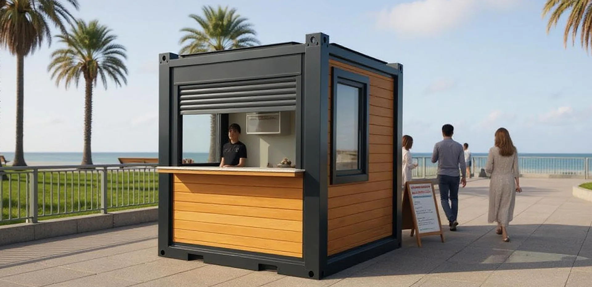 MODDOLIVING K200 portable kiosk — frontal view with branded counter window.