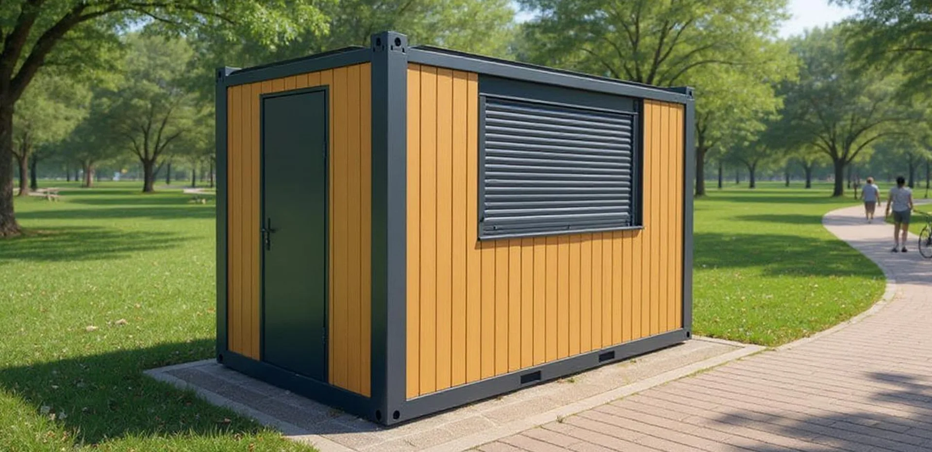 MODDOLIVING K400 medium portable kiosk — exterior view of a single-bay kiosk with serving hatch and rear access door.