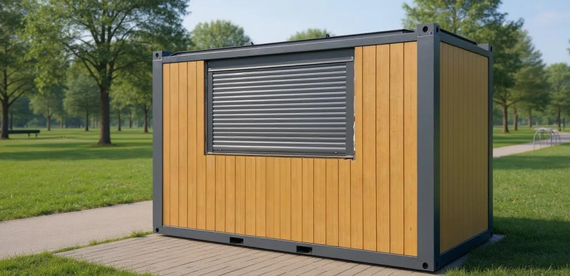 K400 M kiosk — frontal elevation with counter window and fascia detail.