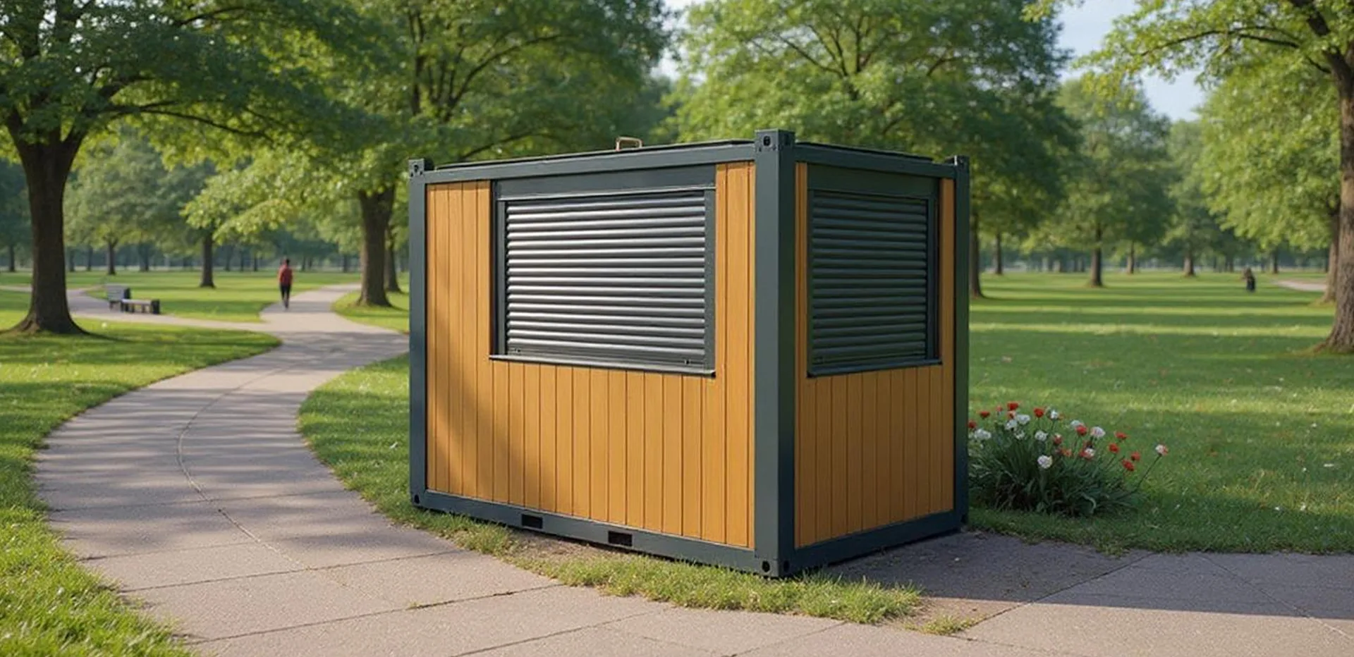 K400 M kiosk — three-quarter exterior view on a paved high-street pitch.