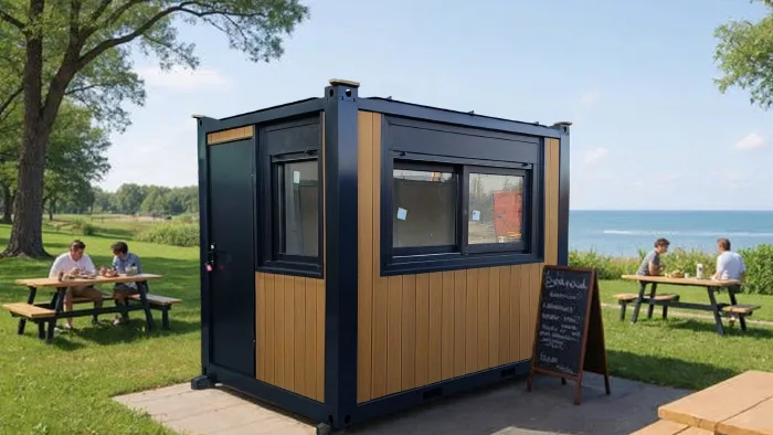 K400 M kiosk — alternate exterior angle with surrounding street context.