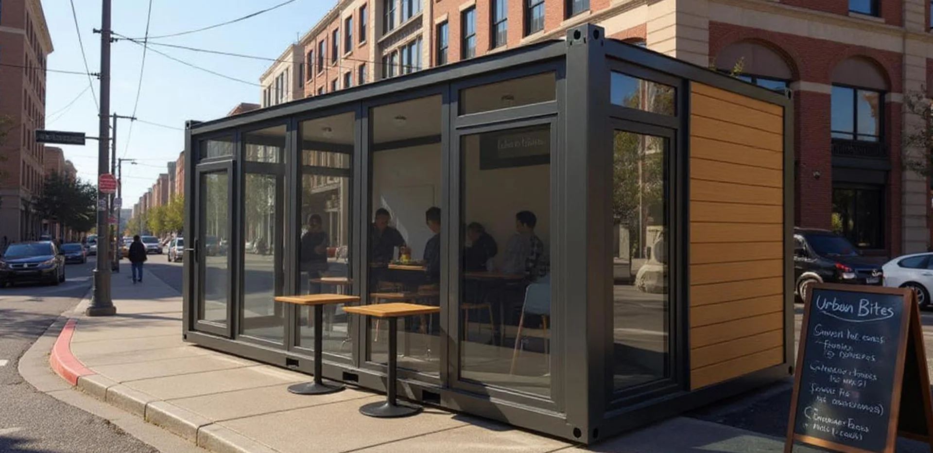 K600 L kiosk — alternate exterior angle showing the serving hatch wall and weather-sealed panel joins.