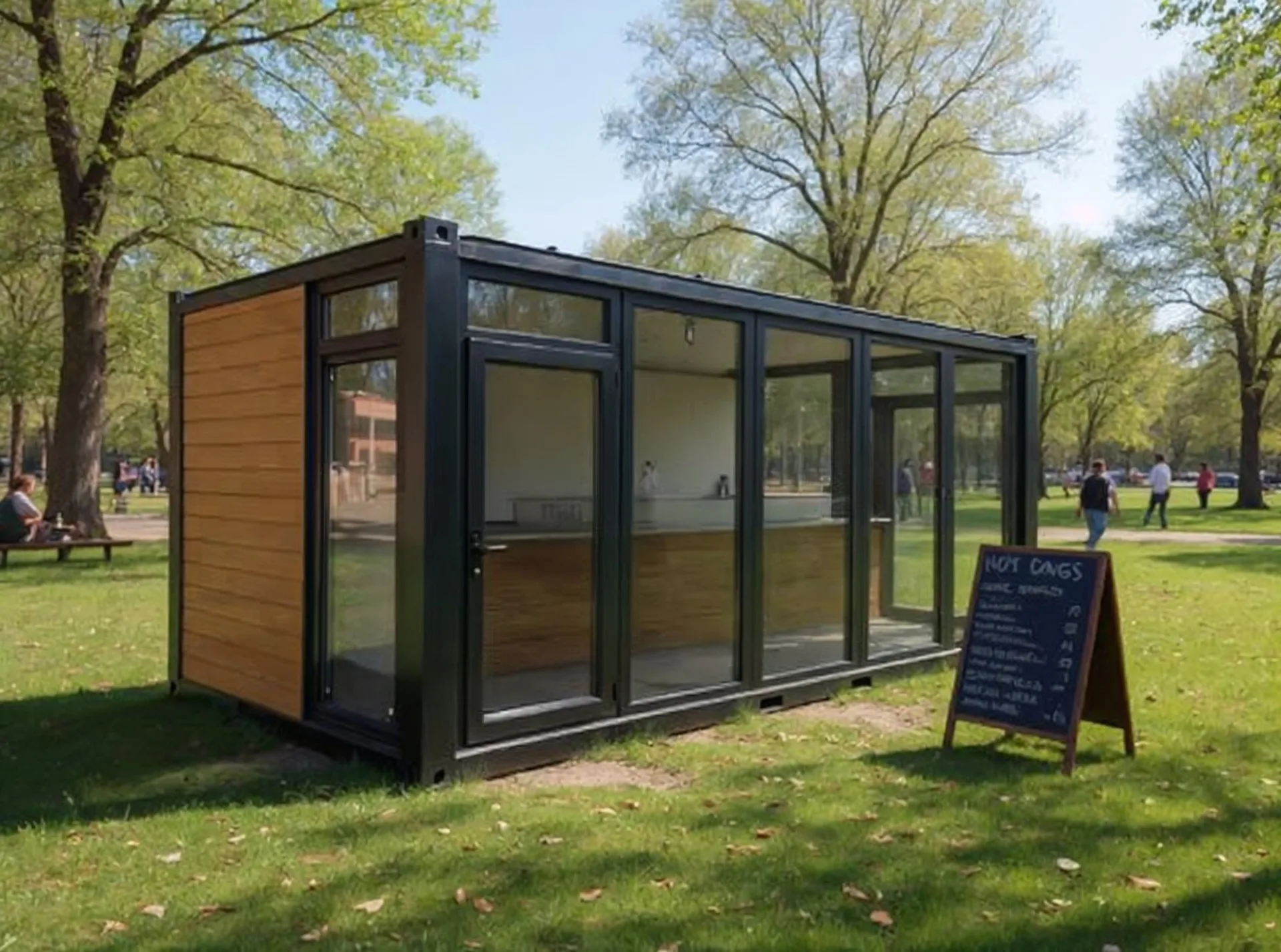 K600 L kiosk — installation perspective in a commercial pitch with paved approach.