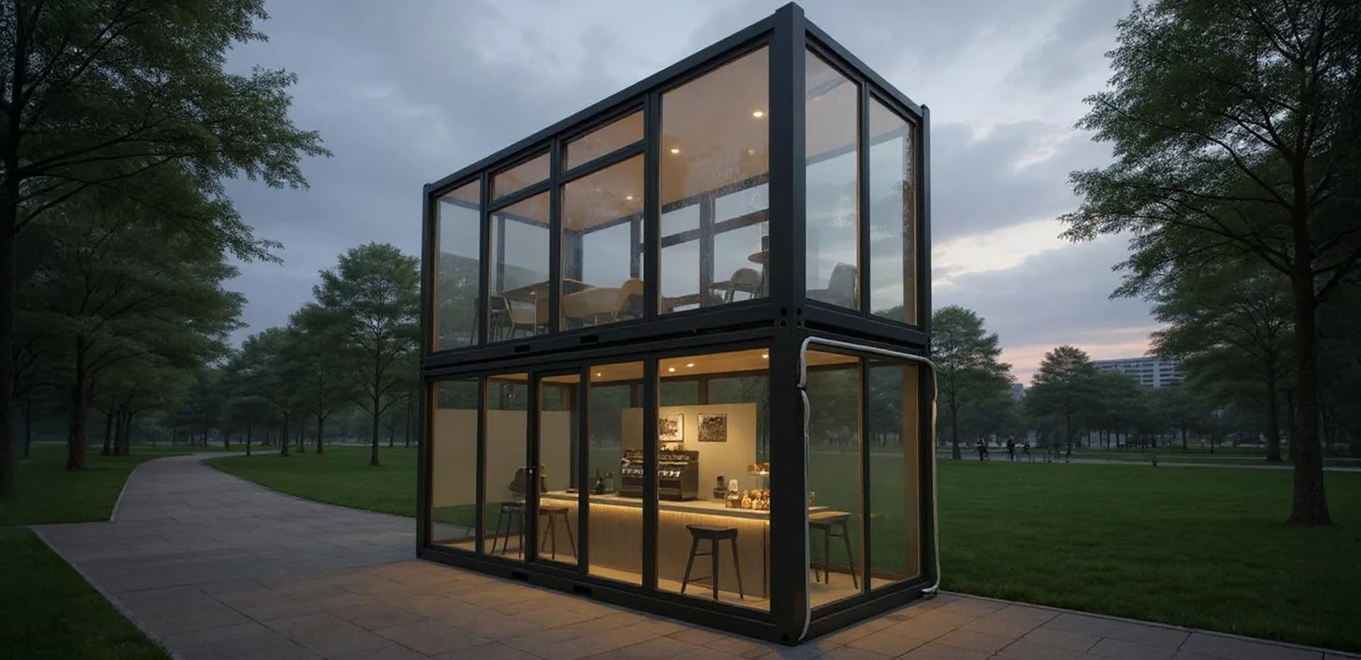 K600 L kiosk — site context with paired units forming a small retail row.