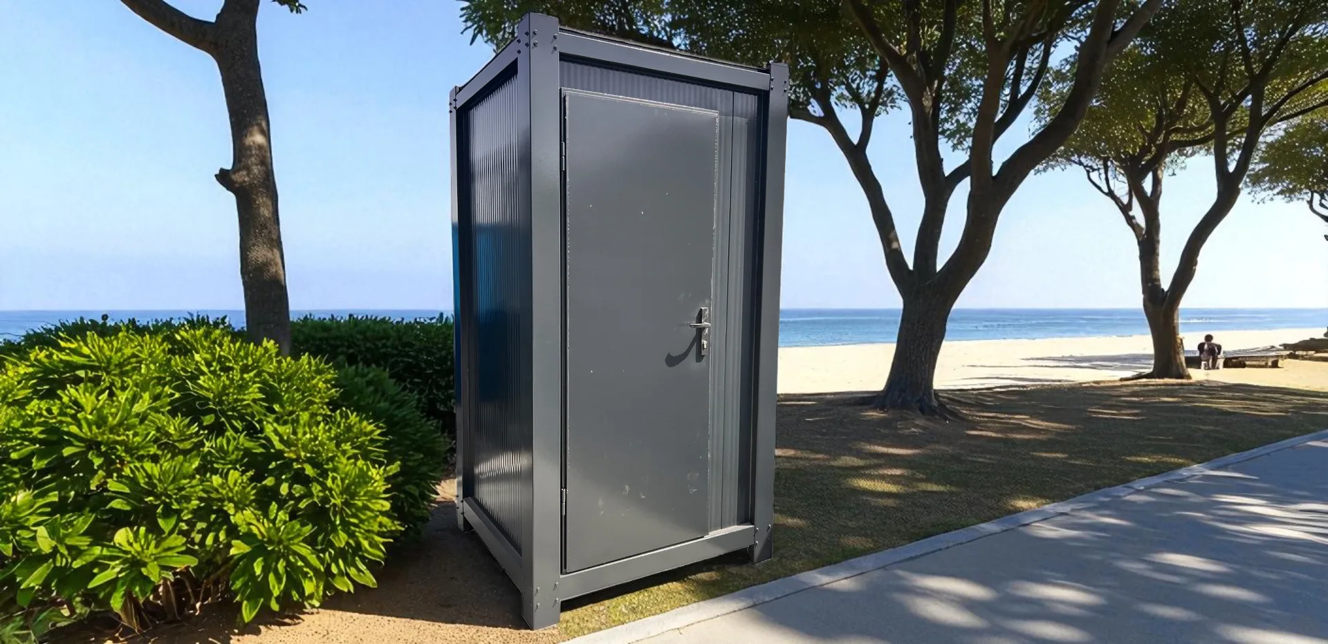 MODDOLIVING T110S single WC cabin — exterior view of a single-cubicle restroom unit on a hardstand.