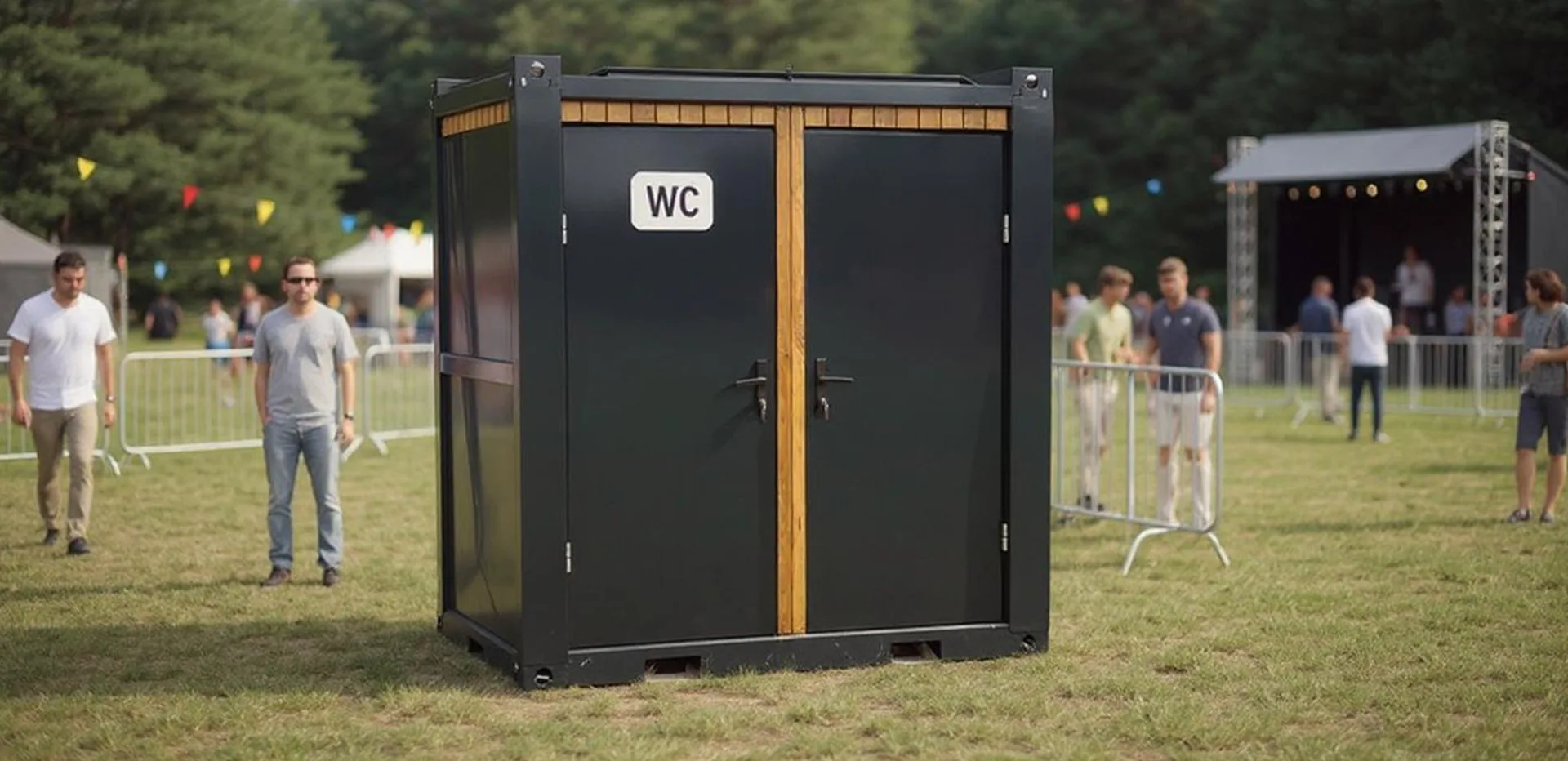 MODDOLIVING T135D double WC cabin — exterior view of a compact two-cubicle restroom unit.