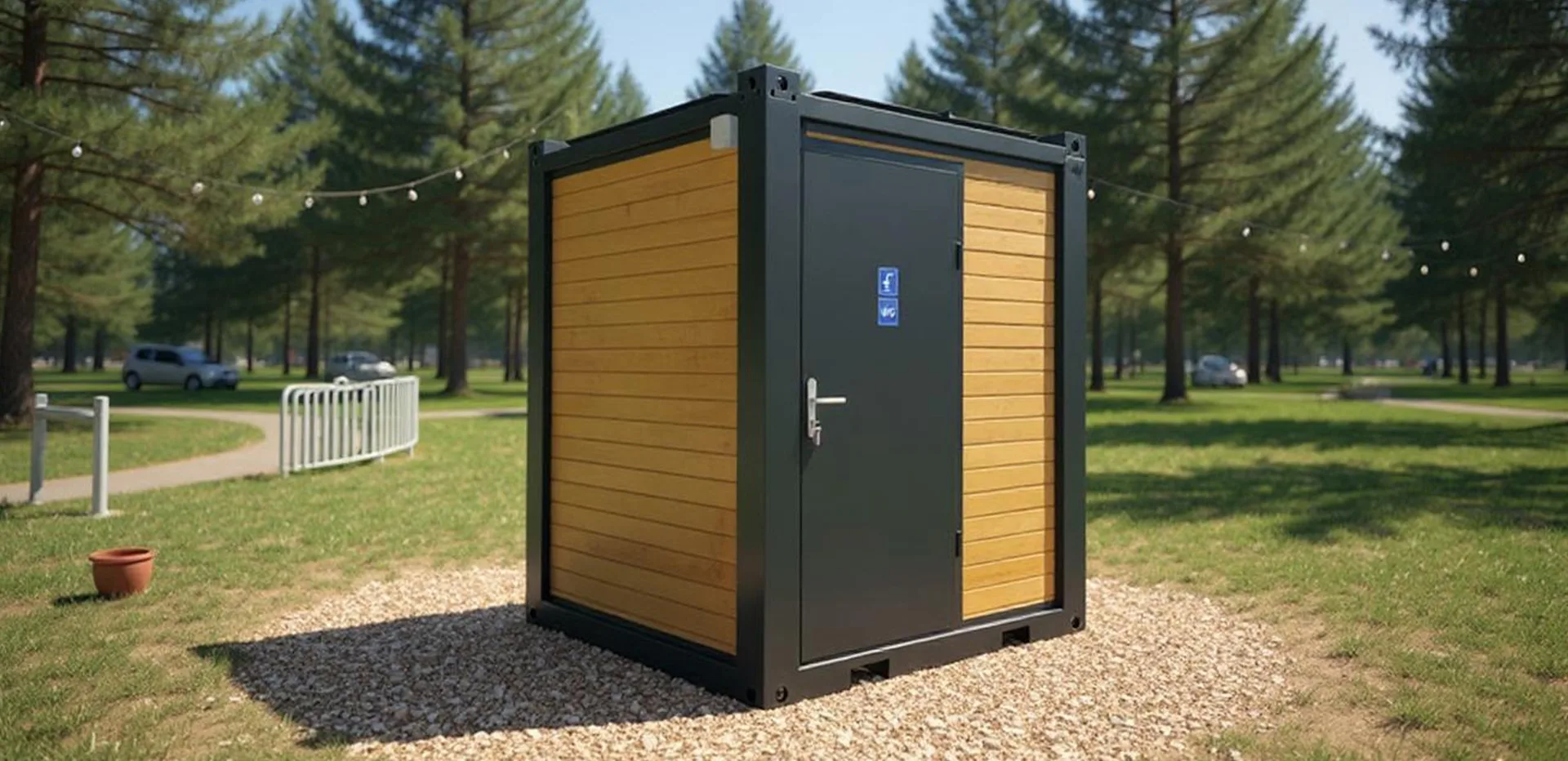 MODDOLIVING T210B large bathroom cabin — exterior view of a combined WC and shower unit on a hardstand.