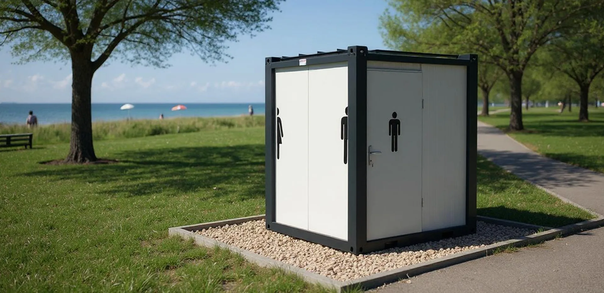 T210D large double WC — alternate exterior angle in event venue context.