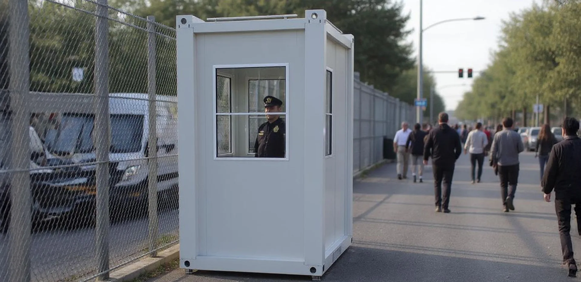 MODDOLIVING T110G small security hut — exterior view of a single-person gate post with observation windows.