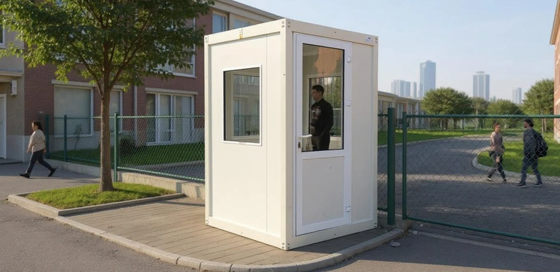 T110G S security hut — frontal view at an industrial perimeter point.
