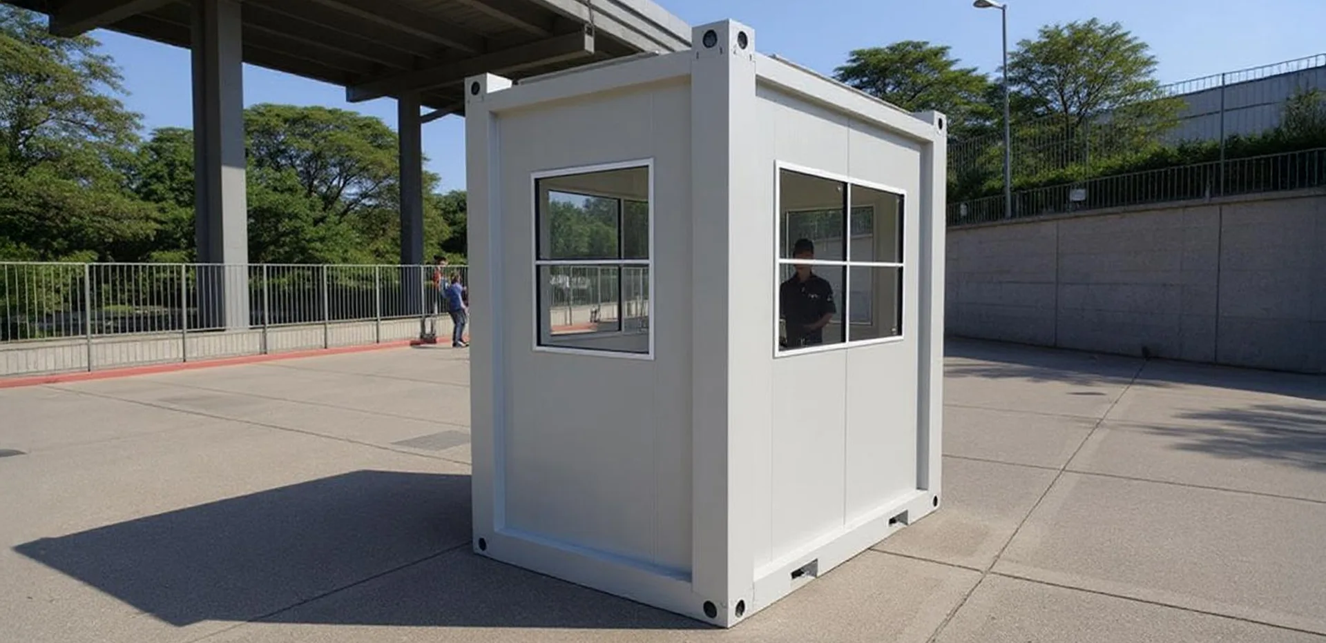 MODDOLIVING T135G medium security hut — exterior view of a compact guard cabin with observation glazing.