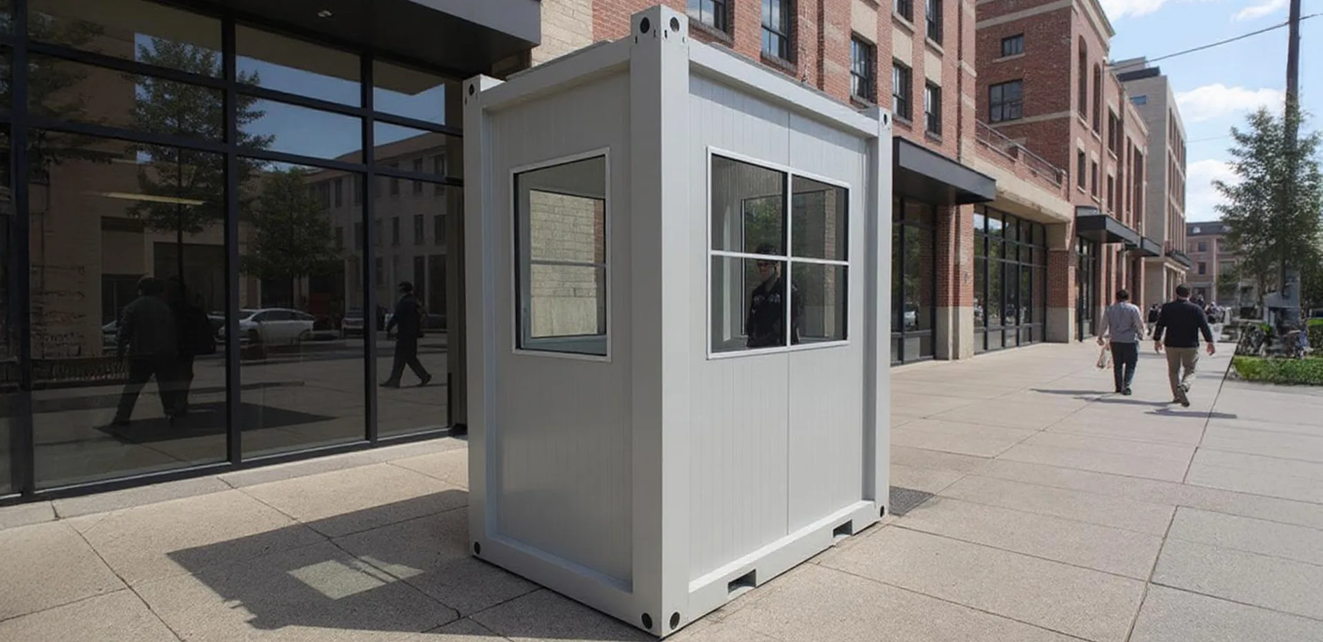 T135G M security hut — alternate angle showing window placement and steel-composite cladding.