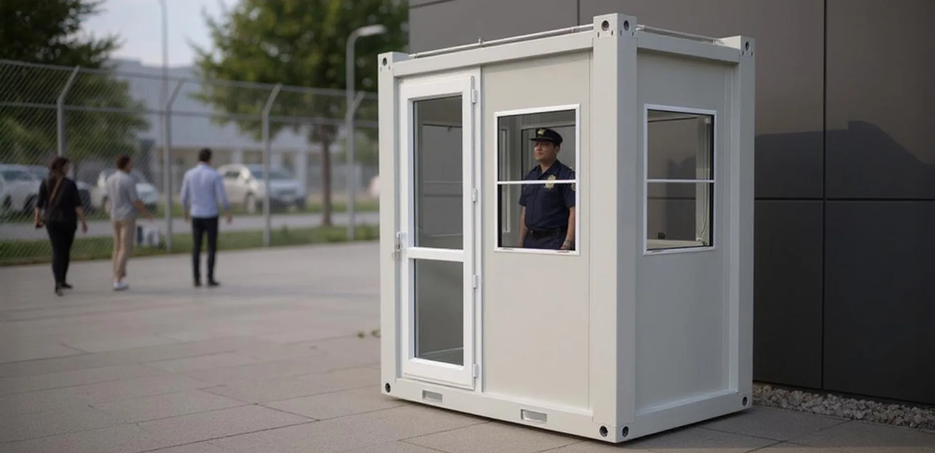 T135G M security hut — frontal elevation at a parking-lot attendant pitch.