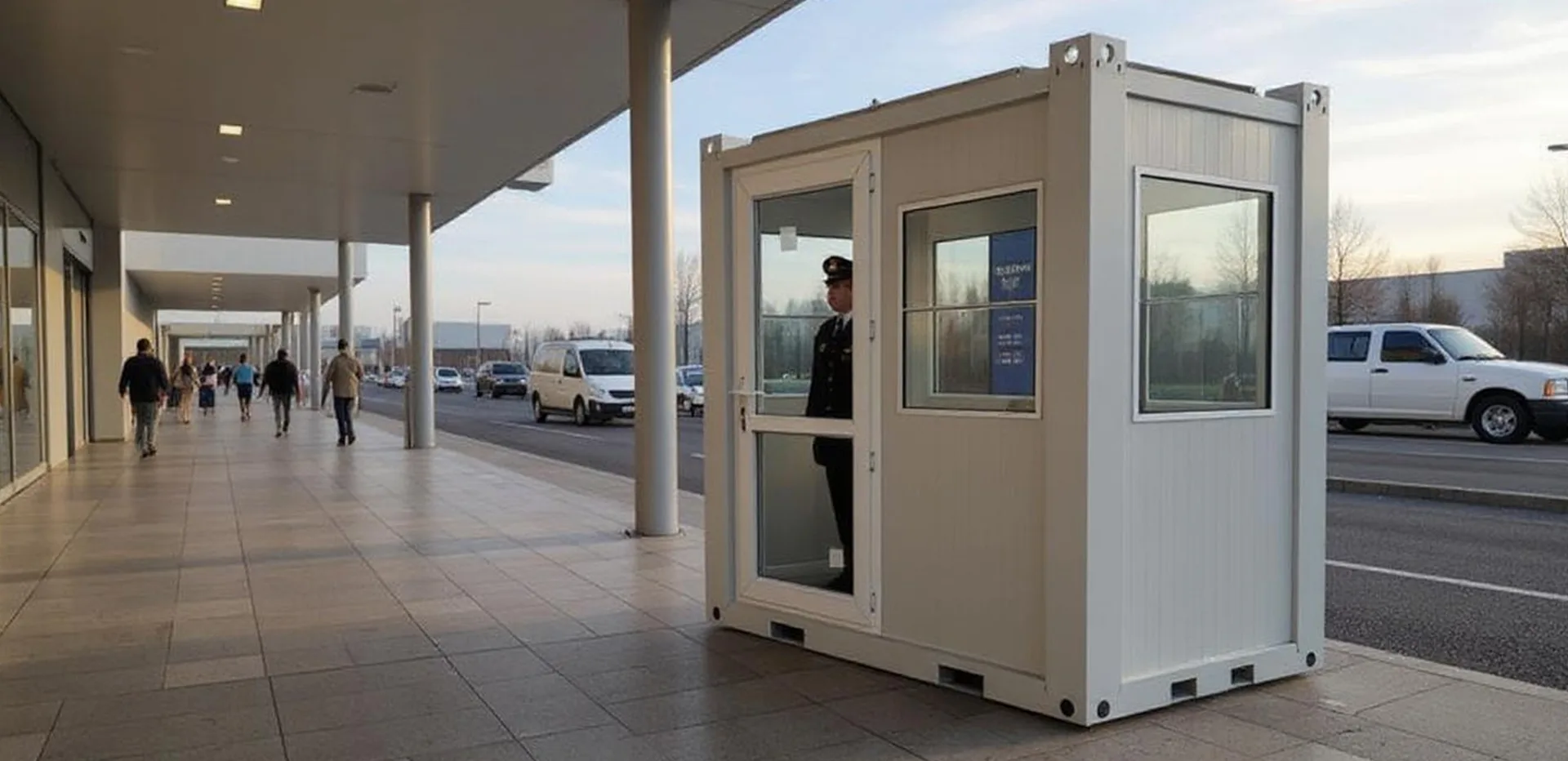 T135G M security hut — three-quarter view with surrounding pavement and bollards.
