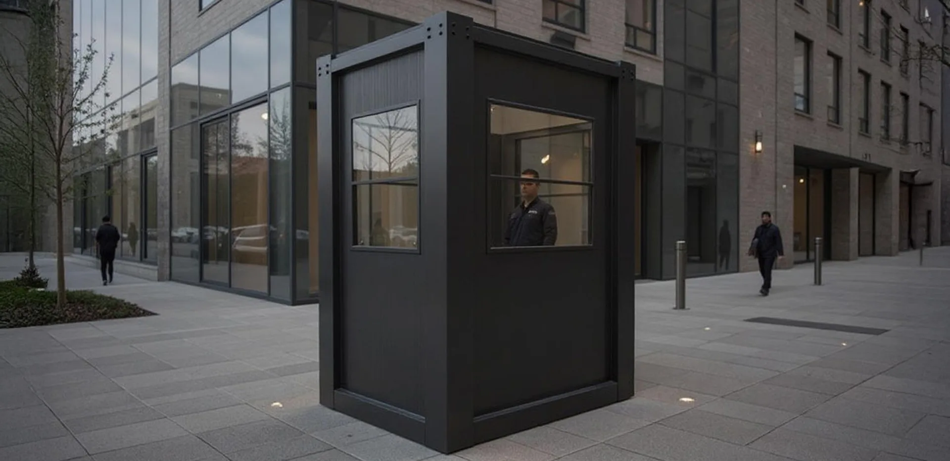 T135G M security hut — wider site context with vehicle access lane.