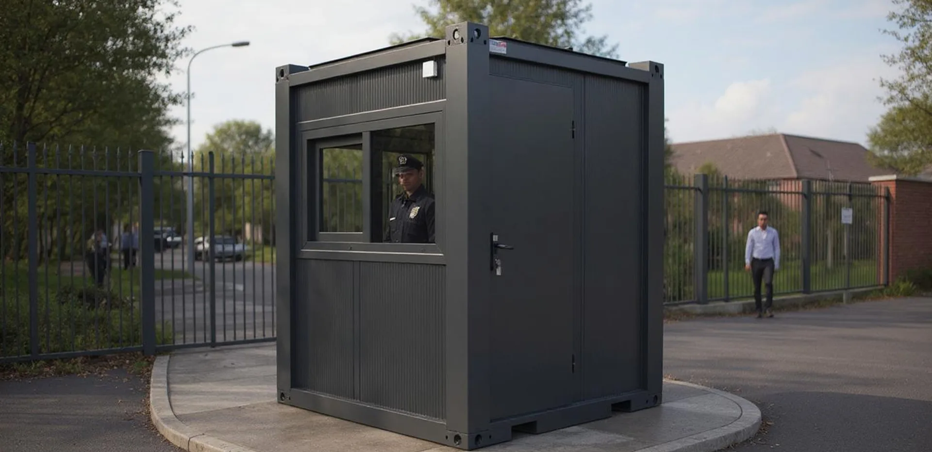 T200G L security hut — alternate exterior angle showing the steel-composite finish and window placement.