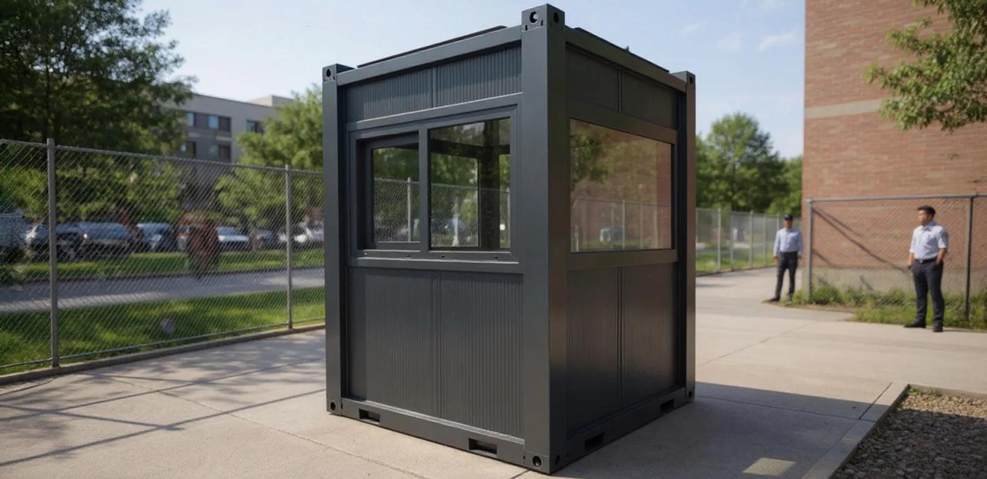 T200G L security hut — frontal elevation at a gate post pitch.