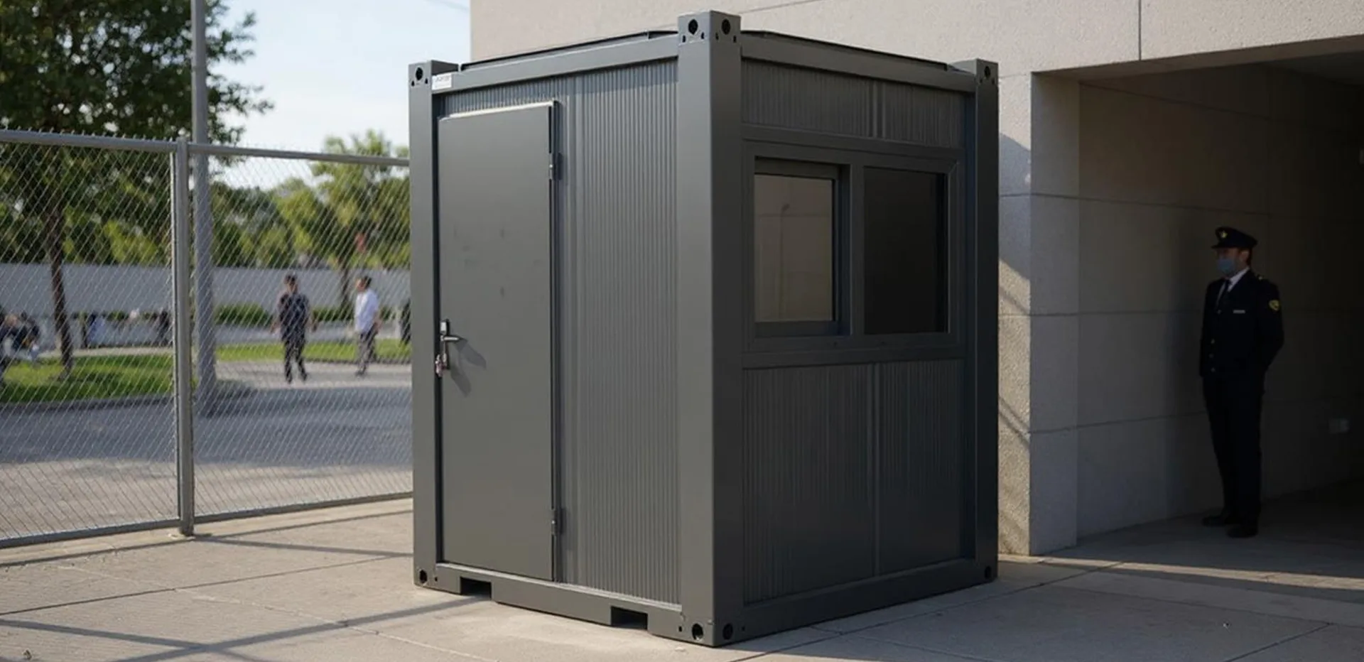 T200G L security hut — three-quarter view with site fencing visible.