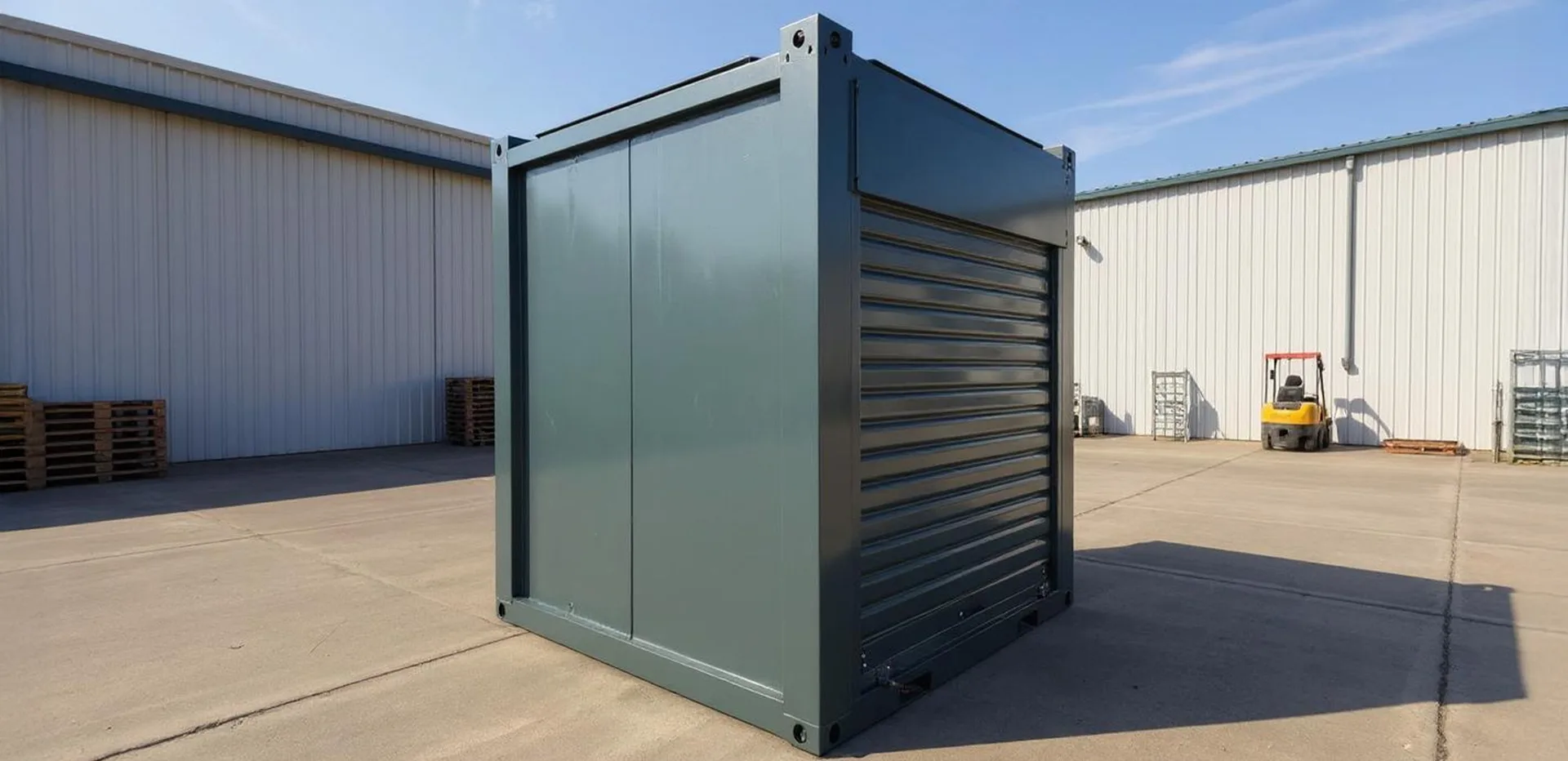 T200DP S storage cabin — alternate exterior angle showing the steel panel finish.