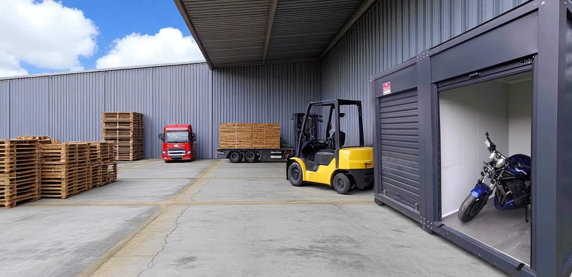 T200DP S storage cabin — wider site context with construction infrastructure.