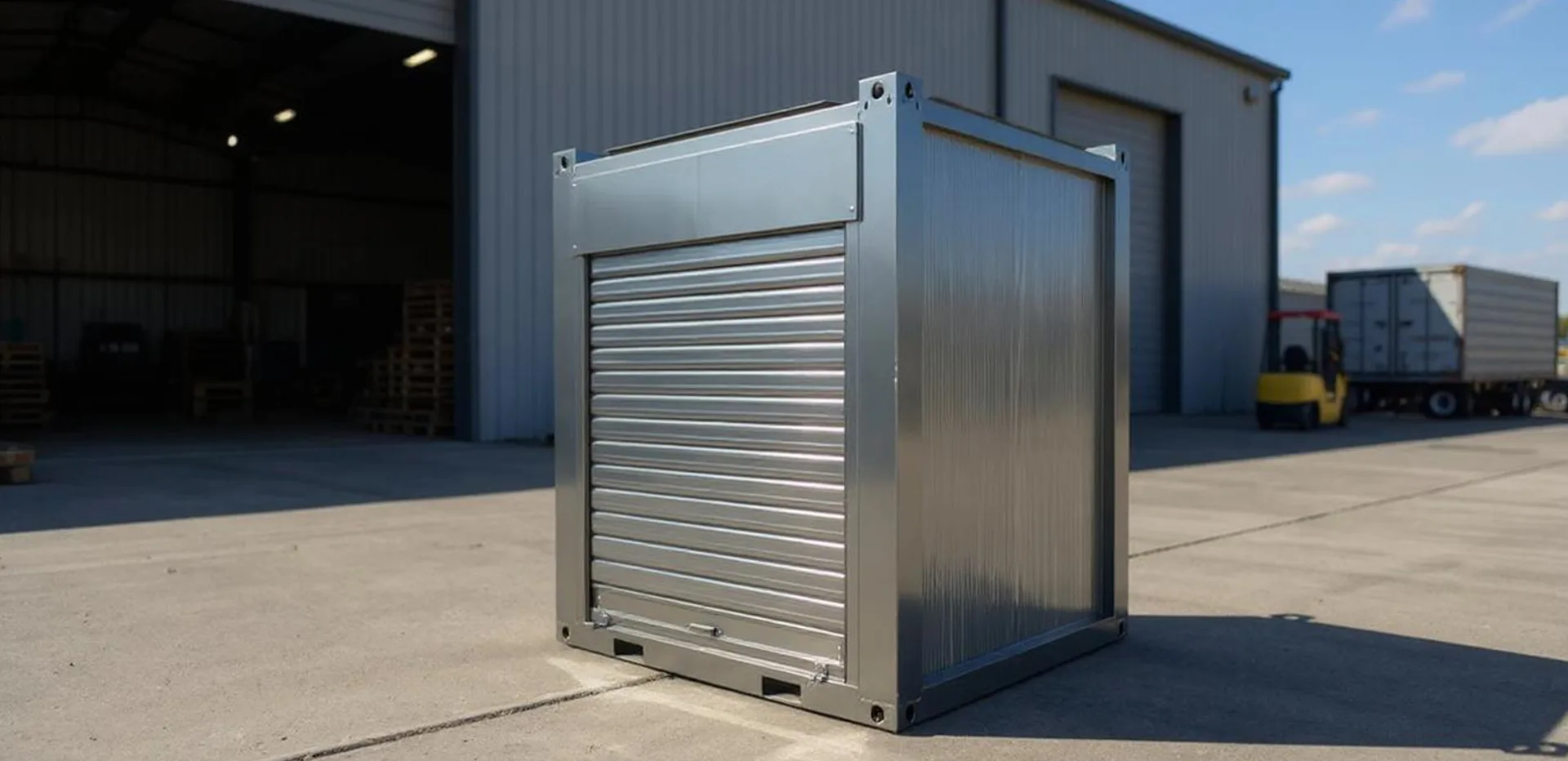 T400DP L storage cabin — three-quarter site context.